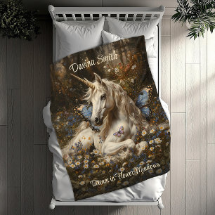 White Unicorn Blue Butterfly Meadow Floral Art Fleece Blanket