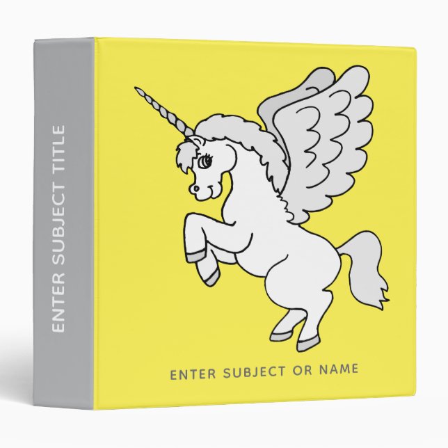 White Unicorn Bright Yellow Personalized 3 Ring Binder (Front/Spine)