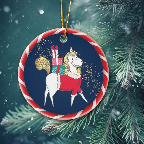 White Unicorn Bringing Gifts Ceramic Ornament