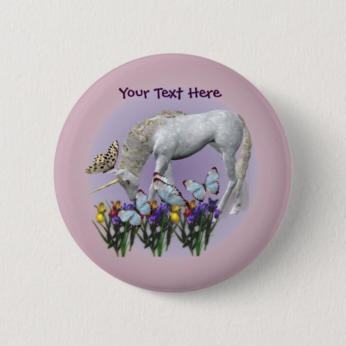 White Unicorn Butterflies Fantasy Button