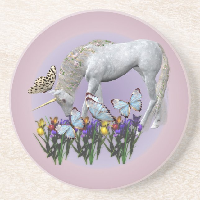 White Unicorn Butterflies Fantasy Drink Coaster (Front)