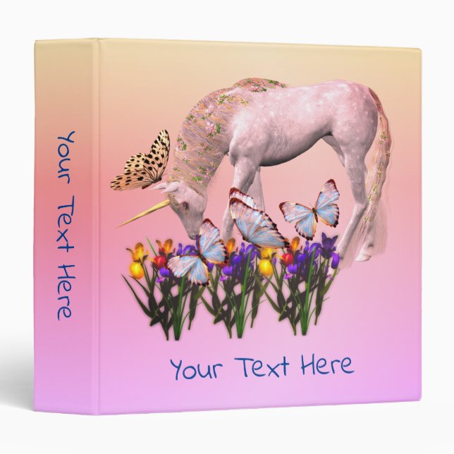 White Unicorn Butterflies Flowers Personalized 3 Ring Binder (Front/Spine)