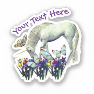 White Unicorn Butterflies Flowers Personalized Sticker