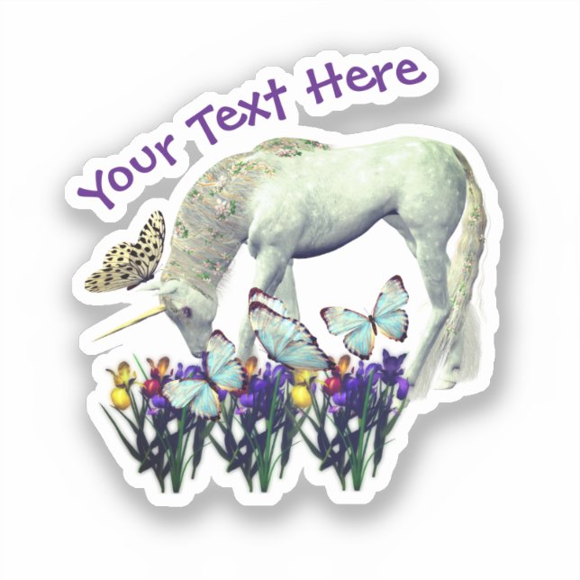 White Unicorn Butterflies Flowers Personalized Sticker (Front)