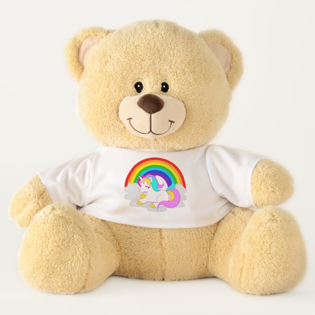 White Unicorn Cartoon on Cloud with Rainbow Teddy Bear (Front)