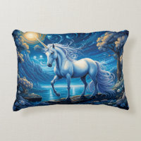 White Unicorn Fantasy Full Moon Accent Pillow