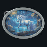 White Unicorn Fantasy Full Moon Belt Buckle<br><div class="desc">Beautiful White Unicorn walking lakeside at night under a full moon surrounded by flowers

AI Art by minx267</div>