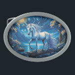 White Unicorn Fantasy Full Moon Belt Buckle<br><div class="desc">Beautiful White Unicorn walking lakeside at night under a full moon surrounded by flowers

AI Art by minx267</div>