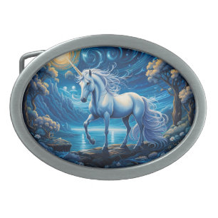 White Unicorn Fantasy Full Moon Belt Buckle