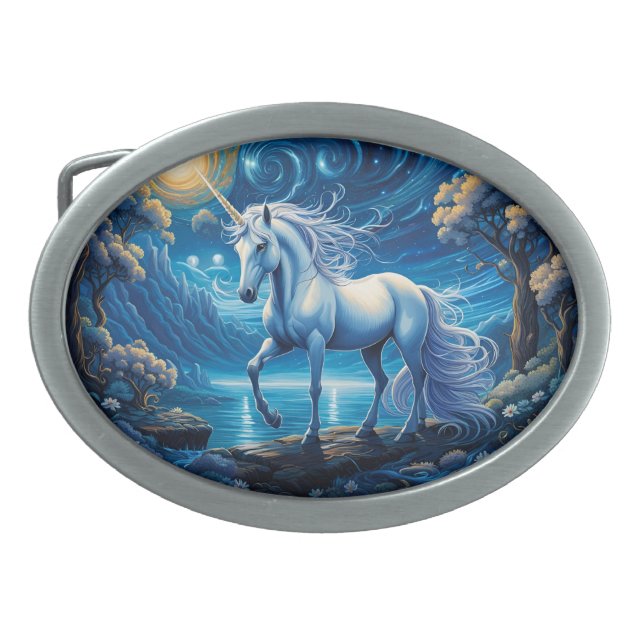 White Unicorn Fantasy Full Moon Belt Buckle (Front)