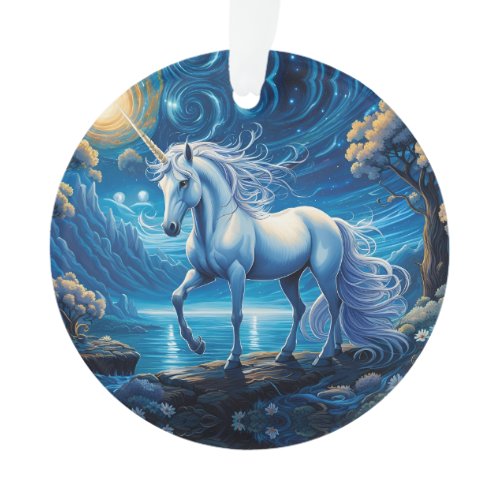 White Unicorn Fantasy Full Moon Ornament
