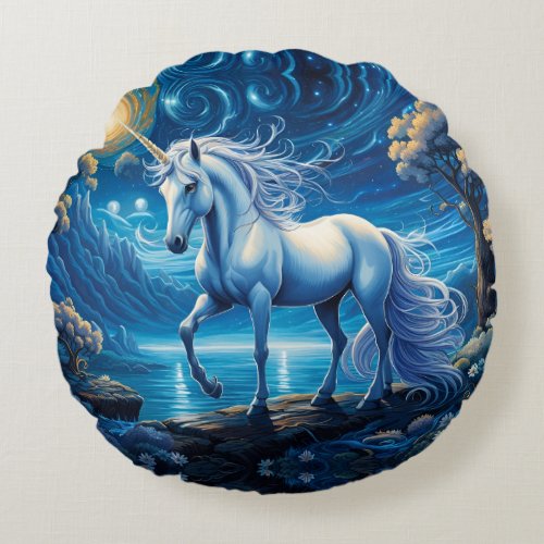 White Unicorn Fantasy Full Moon Round Pillow
