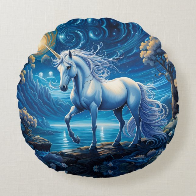 White Unicorn Fantasy Full Moon Round Pillow (Front)