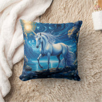 White Unicorn Fantasy Full Moon Throw Pillow