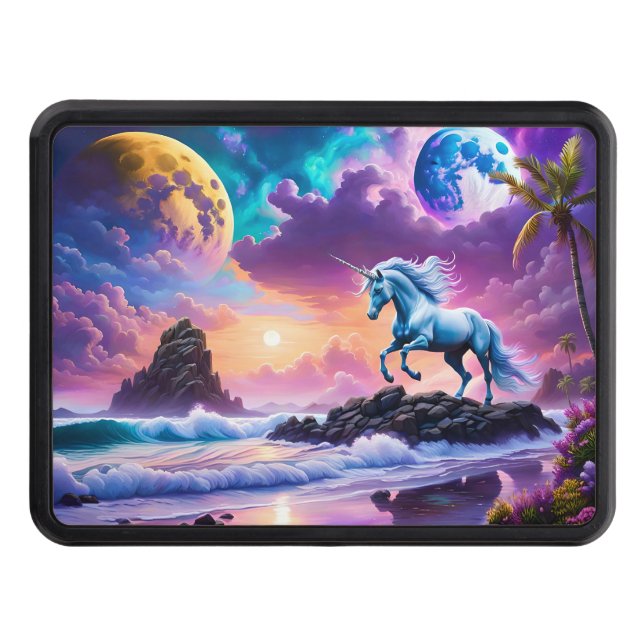 White Unicorn Fantasy Tropical Beach Hitch Cover (Front)
