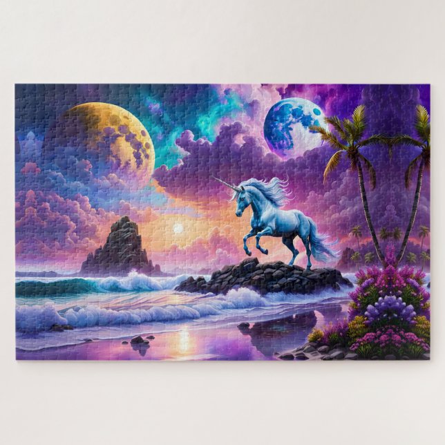 White Unicorn Fantasy Tropical Beach Jigsaw Puzzle (Horizontal)