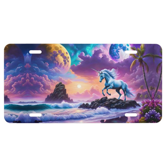 White Unicorn Fantasy Tropical Beach License Plate (Front)