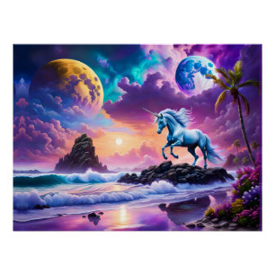 White Unicorn Fantasy Tropical Beach Poster