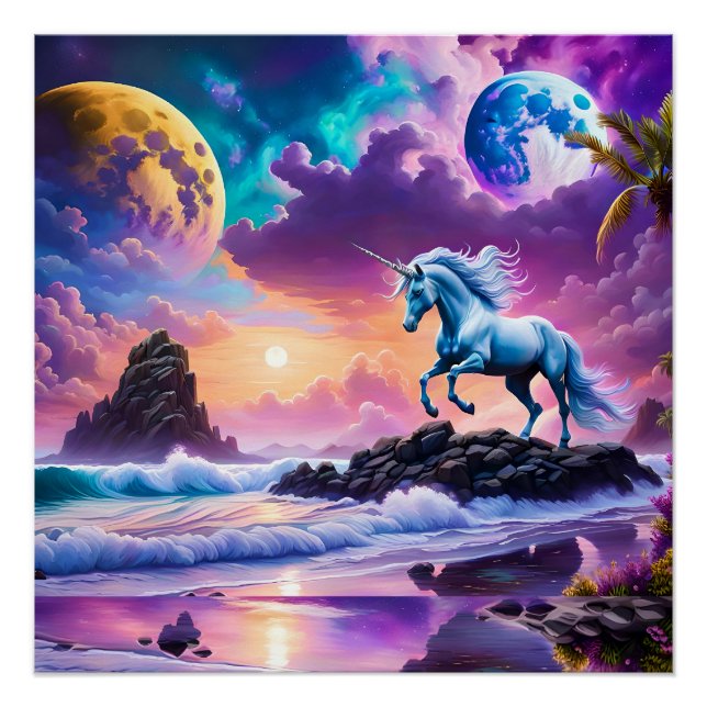 White Unicorn Fantasy Tropical Beach Poster (Front)