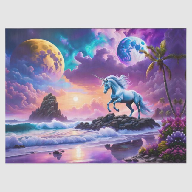 White Unicorn Fantasy Tropical Beach Tissue Paper (Front)
