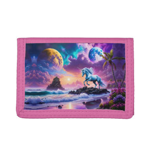 White Unicorn Fantasy Tropical Beach Tri-fold Wallet