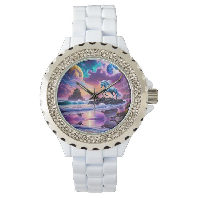 White Unicorn Fantasy Tropical Beach Watch (Front)