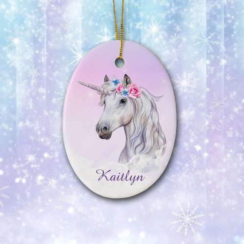 White Unicorn Floral Believe Ceramic Ornament
