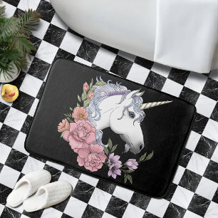 White Unicorn Flowers Pink Black Bath Mat