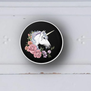 White Unicorn Flowers Pink Black Ceramic Knob