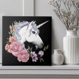White Unicorn Flowers Pink Black Ceramic Tile
