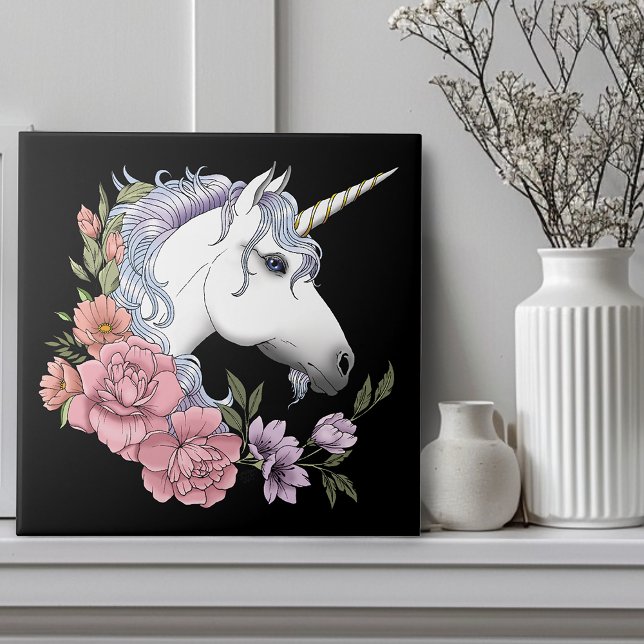 White Unicorn Flowers Pink Black Ceramic Tile (Creator Uploaded)
