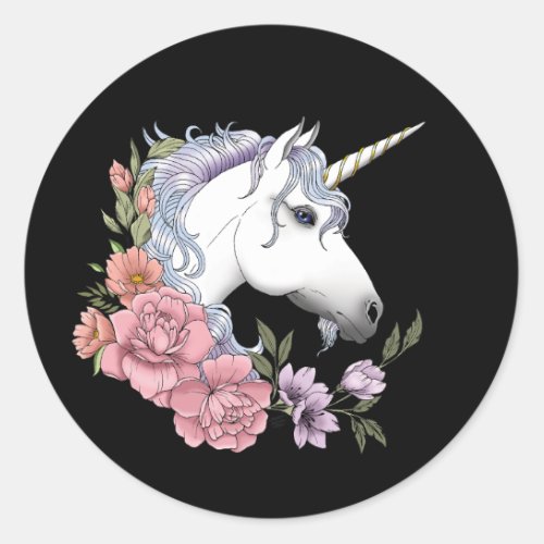 White Unicorn  Flowers Pink black Classic Round Sticker