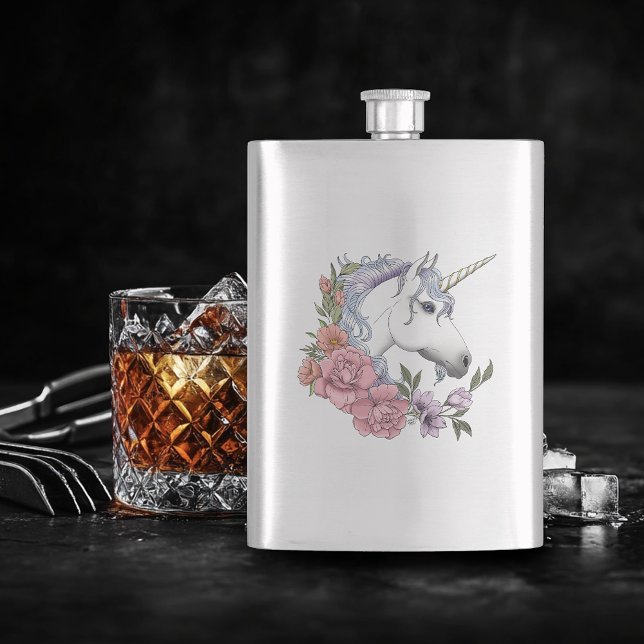 White Unicorn Flowers Pink Black Flask (Creator Uploaded)