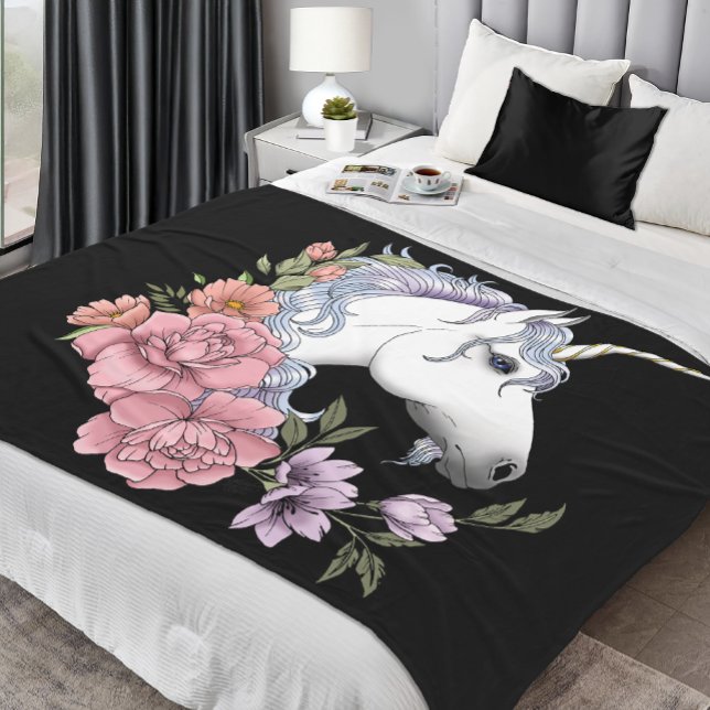 White Unicorn Flowers Pink Black Fleece Blanket (Creator Uploaded)