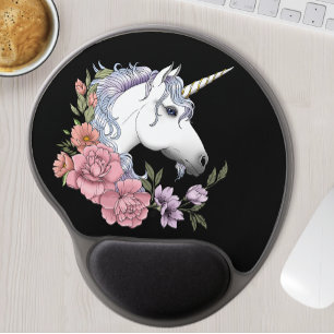 White Unicorn Flowers Pink Black Gel Mouse Pad