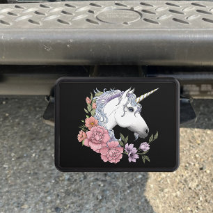 White Unicorn Flowers Pink Black Hitch Cover