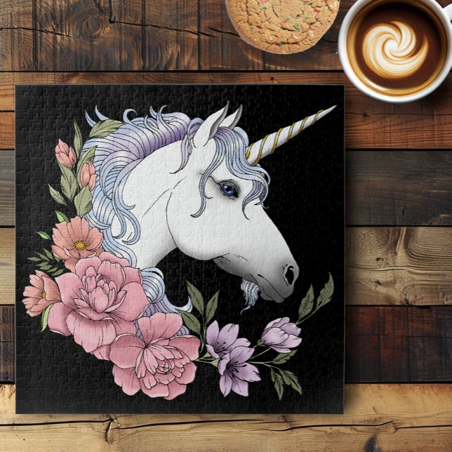 White Unicorn Flowers Pink black Jigsaw Puzzle (Creator Uploaded)