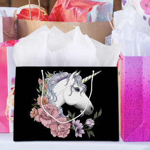 White Unicorn Flowers Pink Black Large Gift Bag