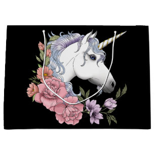 White Unicorn Flowers Pink Black Large Gift Bag