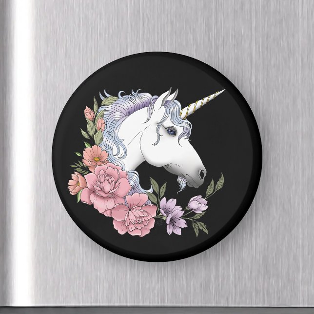 White Unicorn Flowers Pink Black Magnet (Creator Uploaded)