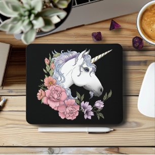 White Unicorn Flowers Pink Black Mouse Pad