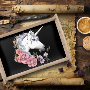White Unicorn Flowers Pink Black Serving Tray