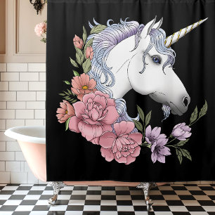 White Unicorn Flowers Pink Black Shower Curtain