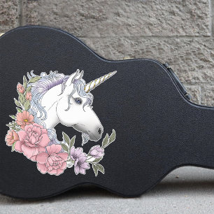 White Unicorn Flowers Pink Black Sticker