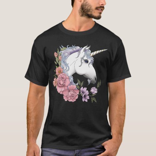 White Unicorn Flowers Pink Black T_Shirt