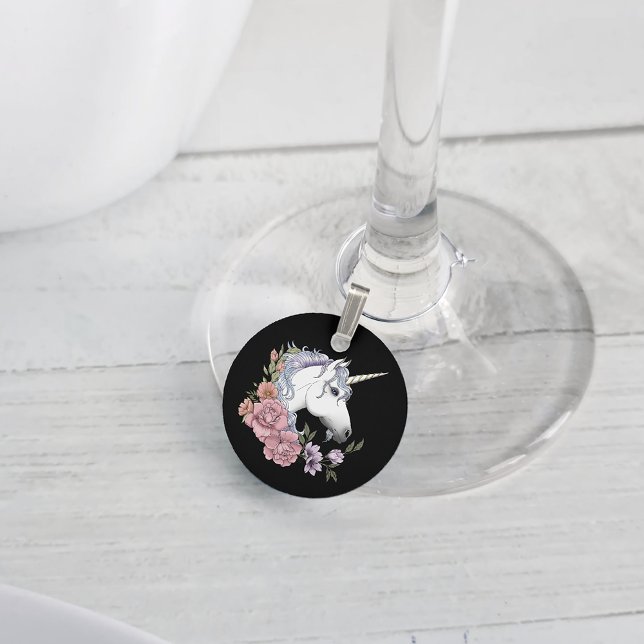 White Unicorn Flowers Pink Black Wine Charm (Creator Uploaded)