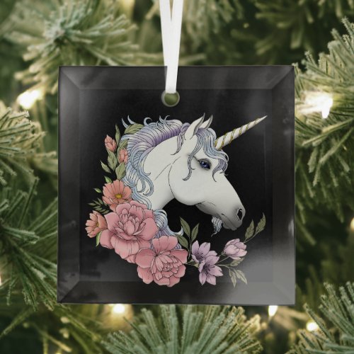 White Unicorn Flowers Pink Roses Glass Ornament