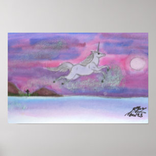 White Unicorn flying Winter Landscape Stardust Poster
