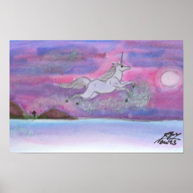 White Unicorn flying Winter Landscape Stardust Poster (Front)