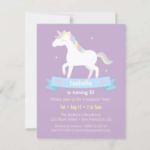 White Unicorn Girls Birthday Party Invitations